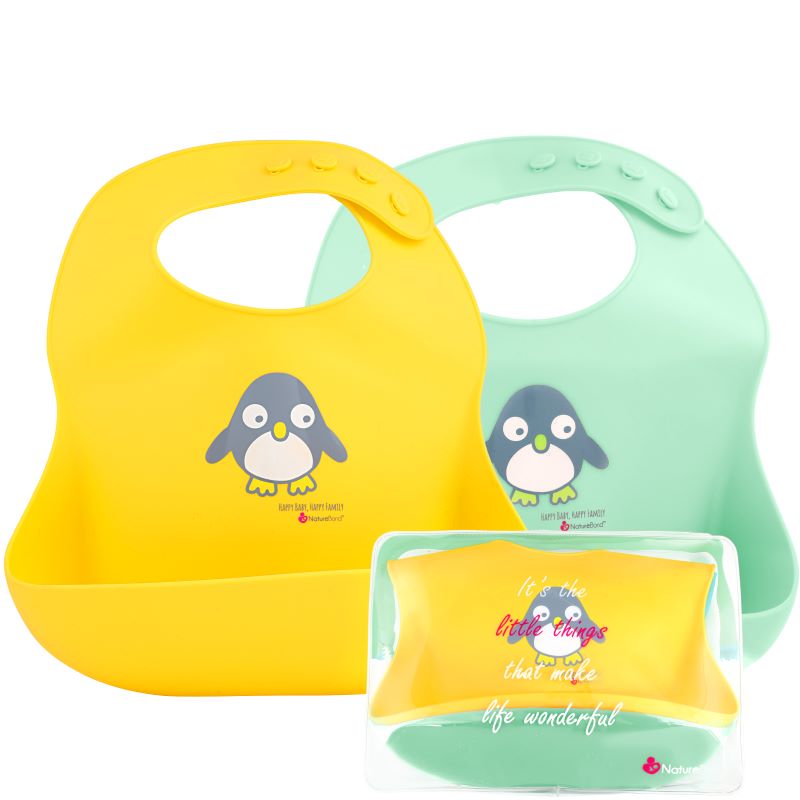 Silicone Baby Bibs + Waterproof Pouch (Yellow & Mint Set)